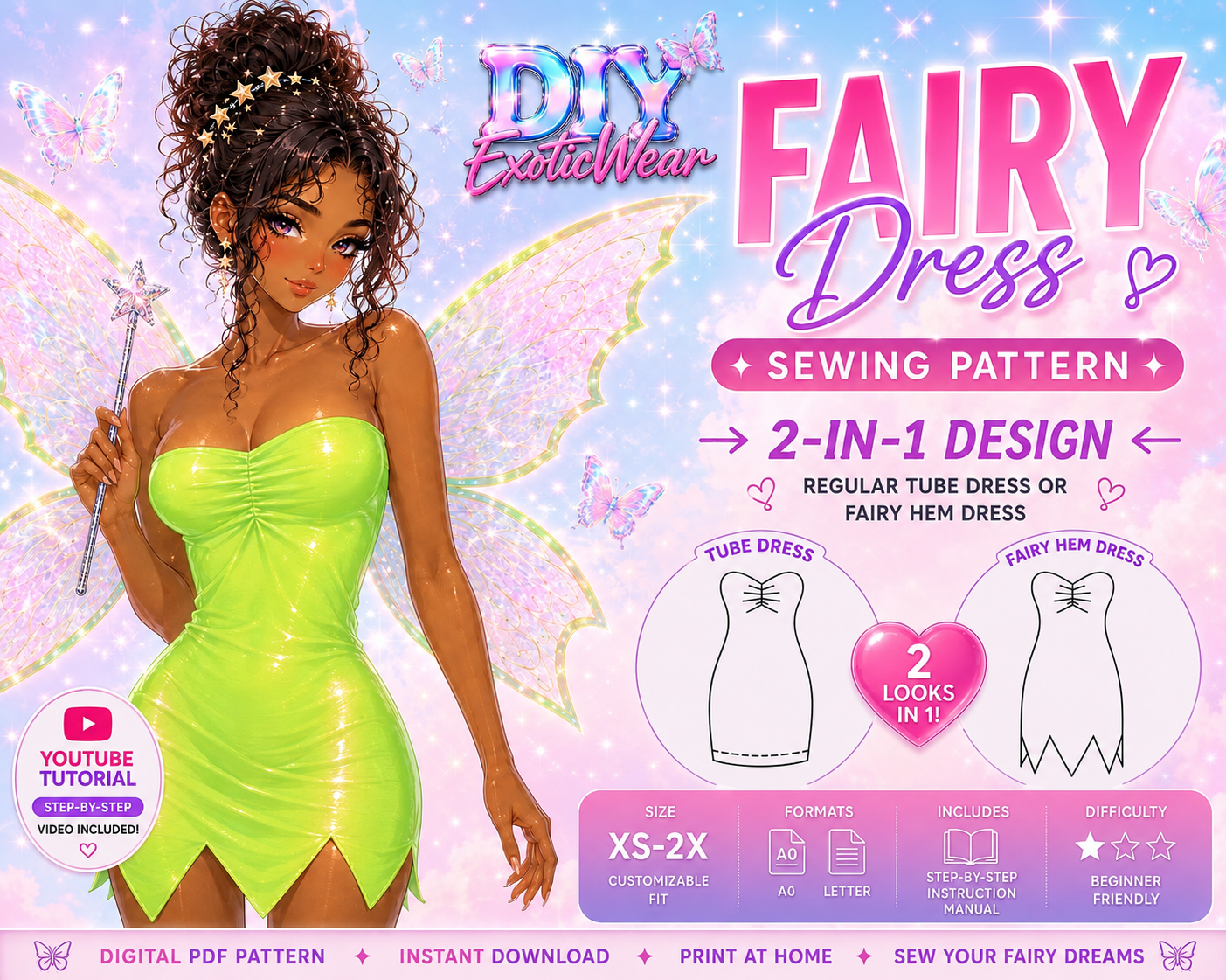 Fairy Dress PDF Sewing Pattern | 2-in-1 Tube Mini Dress Pattern | XS–2X